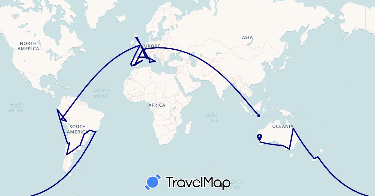 TravelMap itinerary: driving in Argentina, Australia, Brazil, Chile, Ecuador, Spain, France, United Kingdom, Indonesia, Italy, New Zealand, Peru, Portugal (Asia, Europe, Oceania, South America)